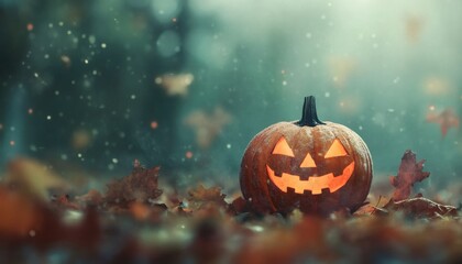Fototapeta premium A carved pumpkin with a lit candle inside sits among fallen brown leaves, lightly covered in snow, in a blurry forest background.