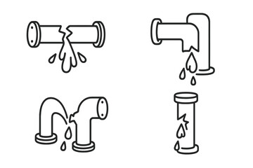Broken pipe icon set with water leak. Burst pipeline, plumbing problem, water damage concept. Leaking tube, dripping drops, cracked pipe. Vector outline illustration.
