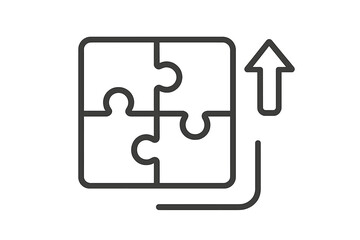 Business growth strategy icon with puzzle and arrow. Development, integration, and solution concept. Teamwork, synergy, progress, and success metaphor. Vector line art.