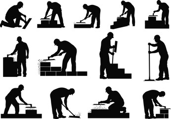 Masonry, Construction, Worker, Silhouette, Bricklaying, Trowel, Manual, Labor, Grid, Blackwhite, Tool, Posture, Technique, Safety, Equipment, Task, Concrete, Structure, Alignment, Effort