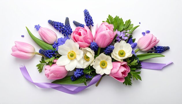 Spring floral arrangement; pink, white, and blue flowers, ribbon - Powered by Adobe