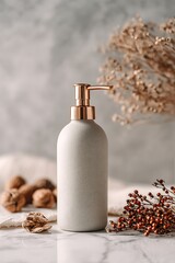A still life featuring a lotion bottle with a copper pump surrounded by natural elements