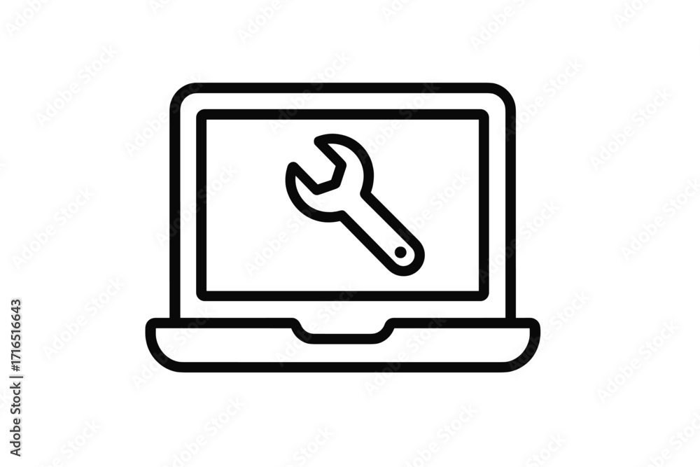Poster laptop repair service icon. computer maintenance and tech support concept. notebook with wrench tool
