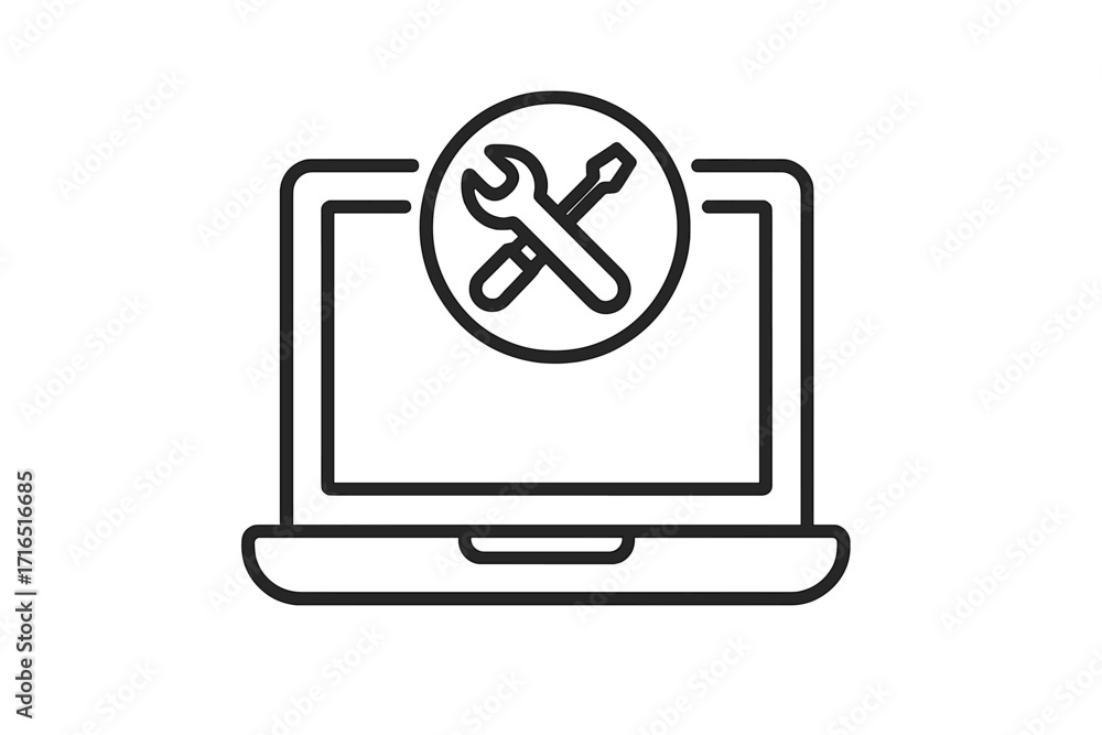 Poster laptop repair service line icon. computer technical support symbol. notebook maintenance and configu