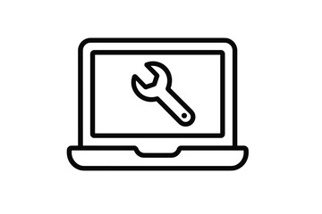 Laptop repair service icon. Computer maintenance and tech support concept. Notebook with wrench tool symbol for settings and configuration. Minimalistic outline vector logo.