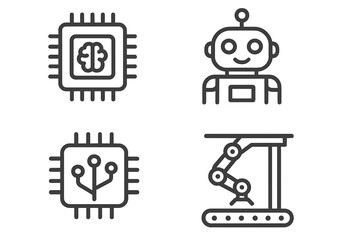 Artificial intelligence and robotics outline icon set. Machine learning, factory automation, and cyborg concepts. Vector icons of robot, CPU chip, and industrial conveyor arm.
