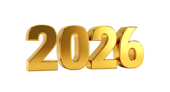 Golden 2026 new year celebration design element for festive season and future events, isolated on black transparent background