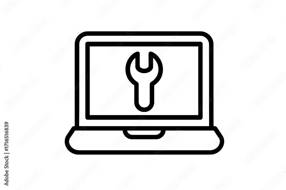 Poster laptop repair service icon. computer maintenance and tech support concept. wrench on screen symbol f