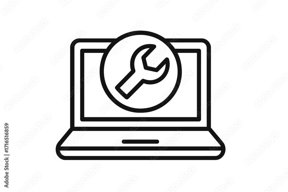 Poster laptop repair icon. computer service and maintenance concept. wrench on screen. tech support symbol.