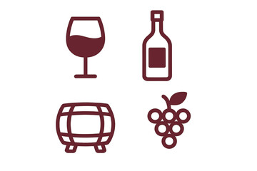 Wine icon set. Winemaking concept. Grapes, wineglass, bottle, wooden barrel icons. Flat simple vector illustration for winery, restaurant menu, web design, bar, tasting.