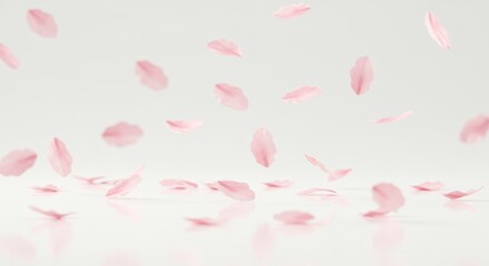 Falling Pink Cherry Blossom Petals on Reflective White Surface