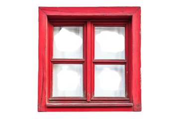A weathered red window with shattered glass panes against a solid transparent background