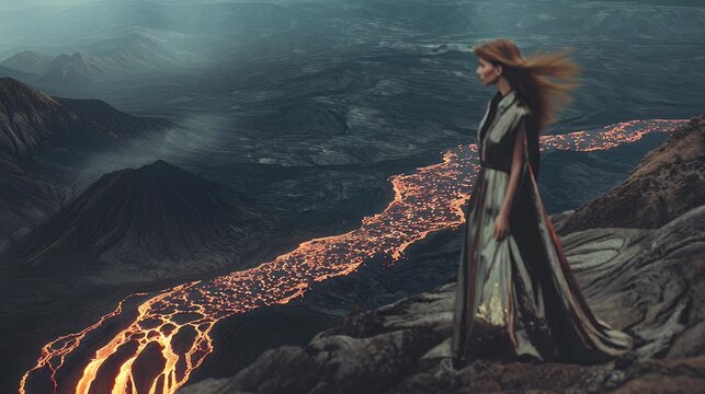 Supermodel poses on volcanic cliff in metallic couture