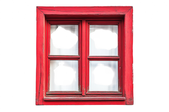 A weathered red window with shattered glass panes against a solid transparent background