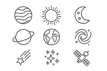 Space thin line icon set. Cosmos, astronomy outline signs. Planet, sun, moon, earth, galaxy, star, satellite vector symbols for web design, apps, and infographics.