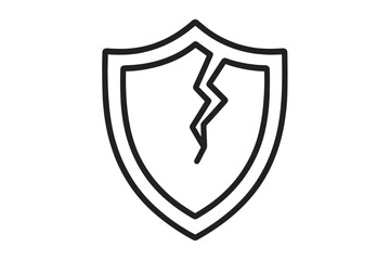 Cracked shield icon. Vector concept for vulnerability, risk, data breach, protection failure, and system security. Broken guard symbol for unsafe and insecure cyber defense.