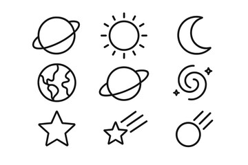 Space thin line icon set. Planet, sun, moon, earth, star, galaxy outline signs. Astronomy, astrology symbols for graphic and web design, apps. Vector cosmos illustration.