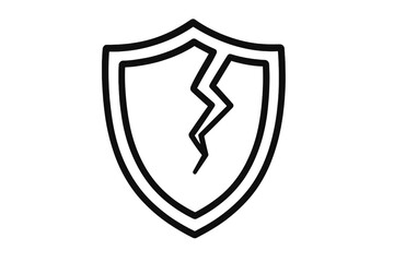 Cracked shield vector icon. Concept of vulnerability, risk, broken security, and failed protection. Symbol for data breach, danger, and system error. Editable stroke line art.