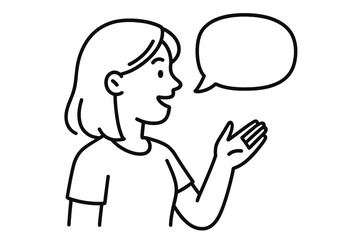 Woman talking with speech bubble. Person speaking, character dialogue, communication concept. Line art vector illustration for web design, social media. Message, idea, say icon.