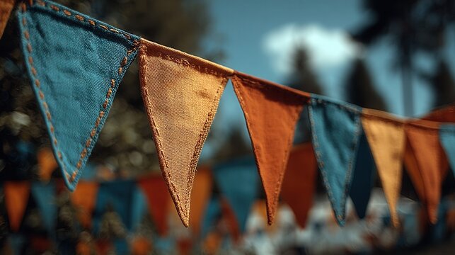 Triangular pennant flags on string isolated on plain background