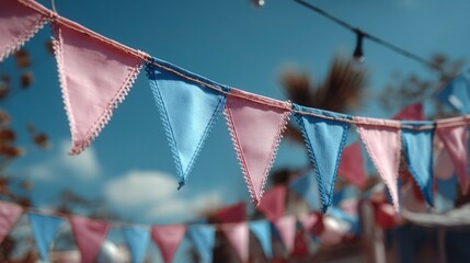 Triangular pennant flags on string isolated on plain background