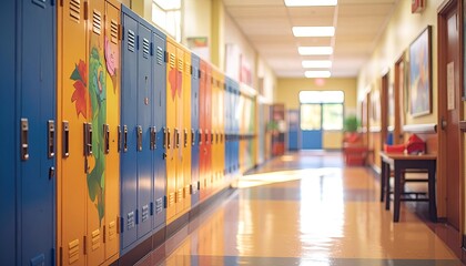 Colorful lockers line a school hallway
