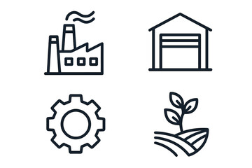 Obraz premium Industry icon set with factory, warehouse, gear, agriculture symbols. Outline signs for graphic design, web, apps, advertising, business, industrial and farm concepts, vector illustration