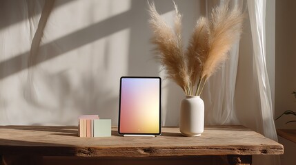Tablet with colorful screen and decorative vase on wooden table in front of sheer white curtains