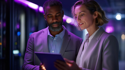 Data center executives under stark purple light examine system diagnostics paperwork hyper realistic visuals glowing moody shadows on server racks bold colors in maintenance