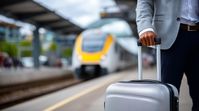 Modern rolling suitcase with manâs hand gripping handle, train station platform lines in background, close-up emphasizing mobility and travel efficiency
