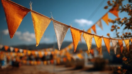Triangular pennant flags on string isolated on plain background