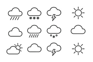 Minimalistic Line Icons Pack of Weather Forecast Symbols Rain Snow Thunderstorm Sun Cloud Linear Pictogram Set for Web Apps Graphic Design Banners Social Media