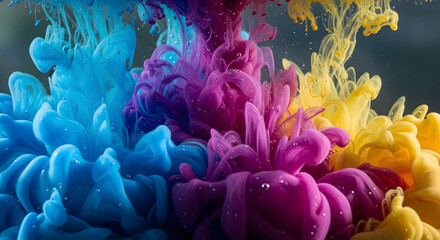 Vibrant colors bloom and swirl in water, creating an abstract and mesmerizing display.