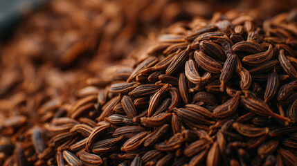 Macro shot of caraway seeds in natural pile, detailed textures and curved ridges highlighted, soft focus edges for nutrition and recipe presentation