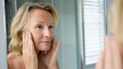 Mature woman applying anti aging facial serum on her face looking in bathroom mirror for daily skincare routine
