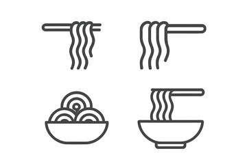 Noodle icon set. Ramen, pasta, and spaghetti line icons. Minimalistic outline symbols for Asian food, restaurant menu, web design, and apps. Vector illustration.