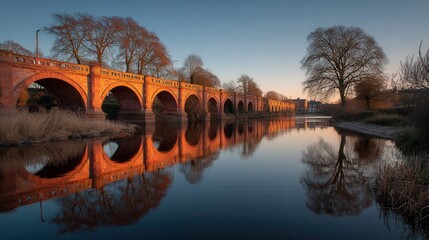 Rust brick bridge over reflective water at sunset