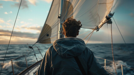 A person sailing on a sailboat, looking out at a dramatic sunset over the sea
