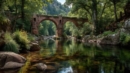 Fototapeta premium Rust brick bridge over reflective water at sunset