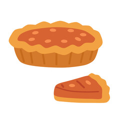 Flat Illustration Whole and Slice of Thanksgiving Pumpkin Pie Dessert