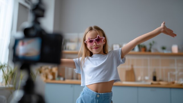 Young child creating online video content, smiling and posing for her camera, embracing social media and digital lifestyle