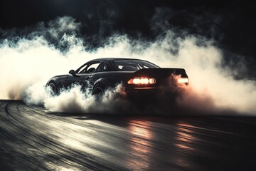 A jet black car in a wide-angle drift, glowing track stripes reflecting off its chassis, and smoke in swirling patterns 
