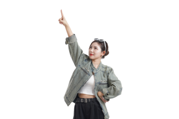 Pointing the Way Forward: An energetic individual with a cheerful smile confidently indicates an upward direction, radiating ambition and determination