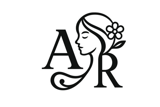 Elegant AR monogram logo with woman face profile. Feminine beauty salon, spa, cosmetics brand identity concept. Natural wellness, skincare, fashion vector icon with flower.