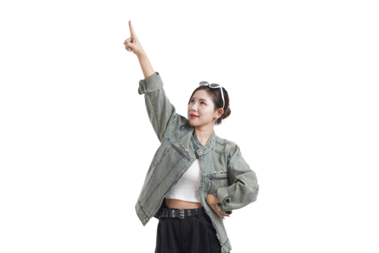 Pointing the Way Forward: An energetic individual with a cheerful smile confidently indicates an upward direction, radiating ambition and determination