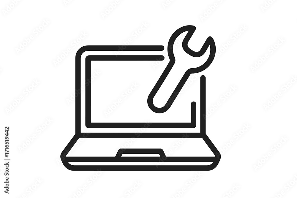 Poster laptop repair service icon. computer maintenance and technical support symbol. wrench tool for fixin