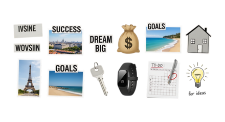 Vision board goals success dream big money travel home fitness planning inspiration and motivation transparent background