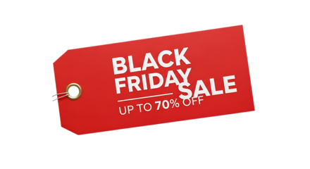 Black friday sale deals up to seventy percent off discount promotion shopping holiday season savings price tag transparent background