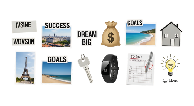 Vision board goals success dream big money travel home fitness planning inspiration and motivation transparent background