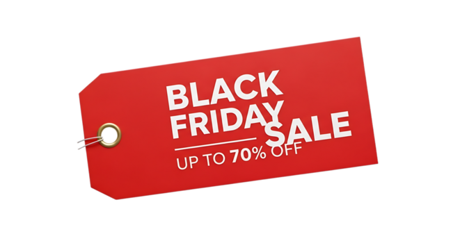 Black friday sale deals up to seventy percent off discount promotion shopping holiday season savings price tag transparent background